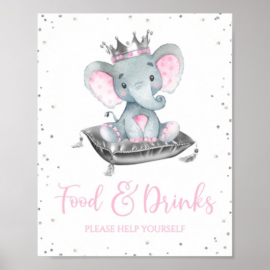 Girl Elephant Baby Shower Food Table Signs Poster (Voorkant)