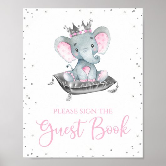 Girl Elephant Baby shower Guest Book Table Sign Poster (Voorkant)