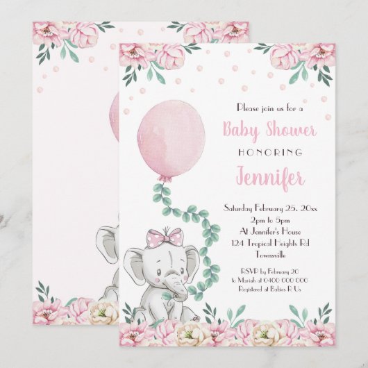 Girl Elephant Baby shower Invitation Balloons Kaart (Voorkant / Achterkant)