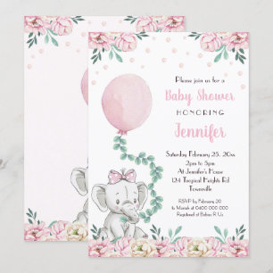 Girl Elephant Baby shower Invitation Balloons Kaart