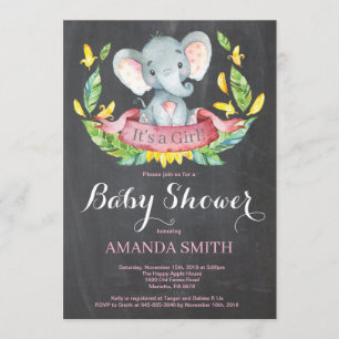 Girl Elephant Baby shower Invitation Chalkboard Kaart