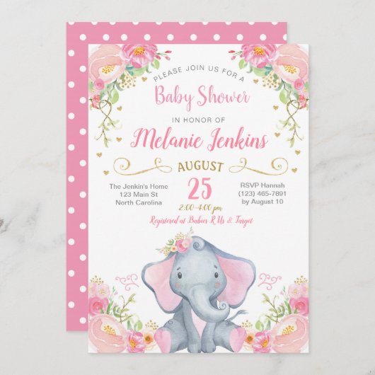 Girl Elephant Baby shower Invitation Kaart (Voorkant / Achterkant)
