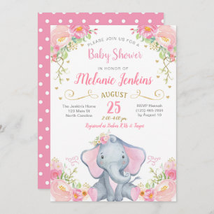 Girl Elephant Baby shower Invitation Kaart
