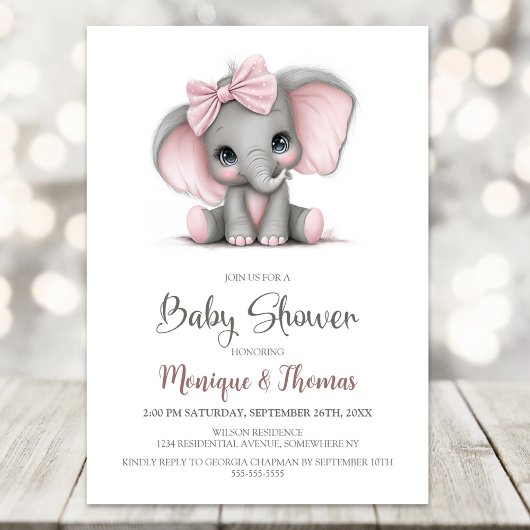Girl Elephant Baby Shower Invitation Kaart