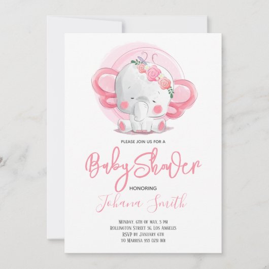 Girl Elephant Baby shower Invitation Kaart (Voorkant)
