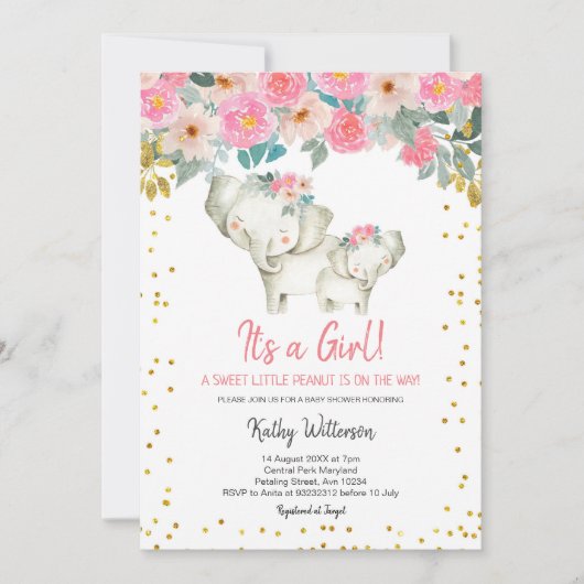 Girl Elephant Baby shower Invitation Kaart (Voorkant)
