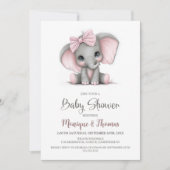 Girl Elephant Baby Shower Invitation Kaart (Voorkant)