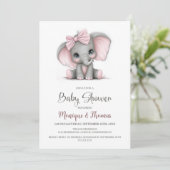 Girl Elephant Baby Shower Invitation Kaart (Staand voorkant)