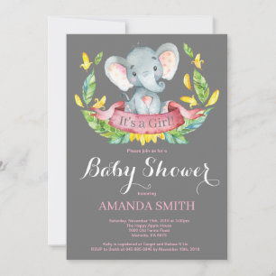 Girl Elephant Baby shower Invitation Pink and Grey Kaart