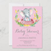 Girl Elephant Baby shower Invitation Pink and Grey Kaart (Voorkant)