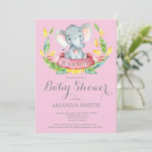 Girl Elephant Baby shower Invitation Pink and Grey Kaart (Staand voorkant)