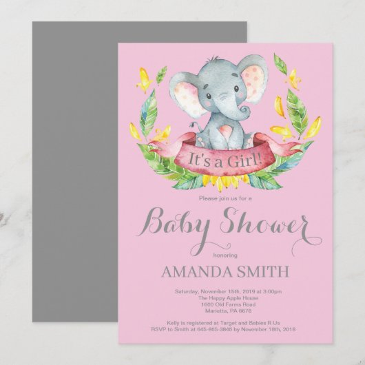 Girl Elephant Baby shower Invitation Pink and Grey Kaart (Voorkant / Achterkant)