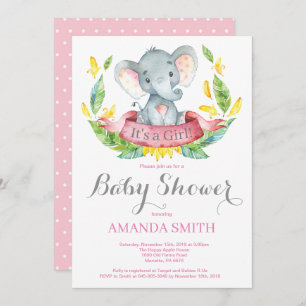 Girl Elephant Baby shower Invitation Pink and Grey Kaart