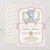 Girl Elephant Baby shower Invitation Pink & Gold Kaart (Voorkant / Achterkant)