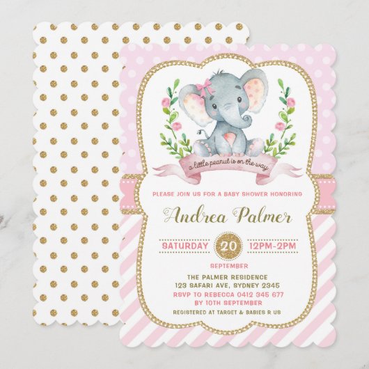 Girl Elephant Baby shower Invitation Pink & Gold Kaart (Voorkant / Achterkant)