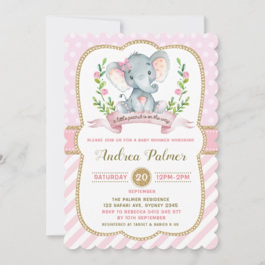 Girl Elephant Baby shower Invitation Pink & Gold Kaart (Voorkant)