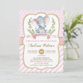 Girl Elephant Baby shower Invitation Pink & Gold Kaart (Staand voorkant)