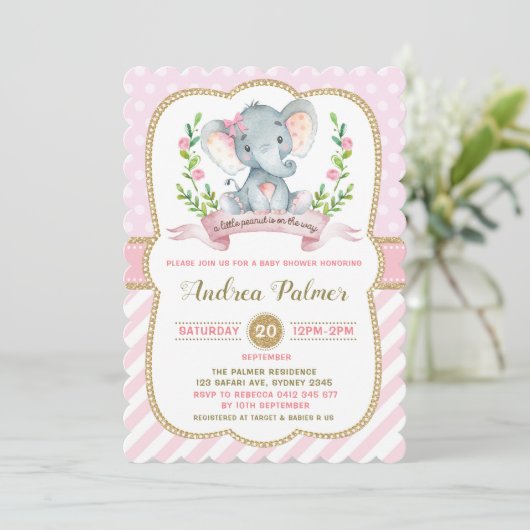 Girl Elephant Baby shower Invitation Pink & Gold Kaart (Staand voorkant)