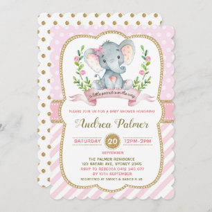 Girl Elephant Baby shower Invitation Pink & Gold Kaart