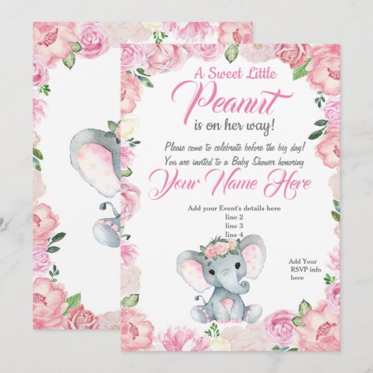 Girl Elephant Baby shower Invitation roos roze Kaart (Voorkant / Achterkant)