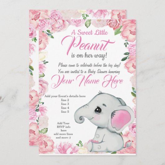 Girl Elephant Baby shower Invitation roos roze Kaart (Voorkant / Achterkant)