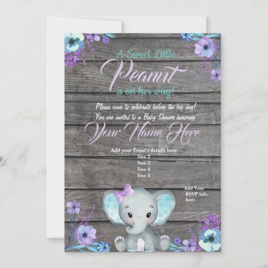 Girl Elephant Baby shower Invitation, rustisch, bl Kaart (Voorkant)