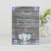 Girl Elephant Baby shower Invitation, rustisch, bl Kaart (Staand voorkant)