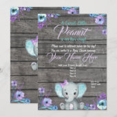 Girl Elephant Baby shower Invitation, rustisch, bl Kaart (Voorkant / Achterkant)