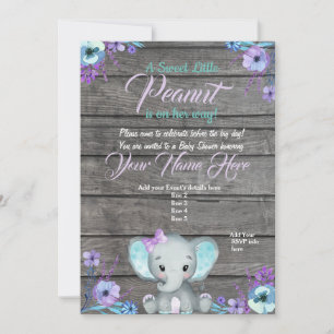 Girl Elephant Baby shower Invitation, rustisch, bl Kaart