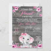 Girl Elephant Baby shower Invitation, rustisch, ro Kaart (Voorkant)