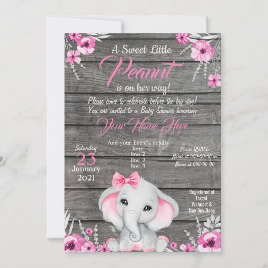 Girl Elephant Baby shower Invitation, rustisch, ro Kaart (Voorkant)
