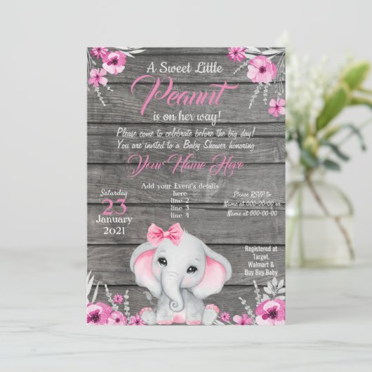 Girl Elephant Baby shower Invitation, rustisch, ro Kaart (Staand voorkant)