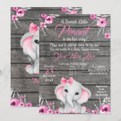 Girl Elephant Baby shower Invitation, rustisch, ro Kaart (Voorkant / Achterkant)