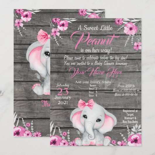 Girl Elephant Baby shower Invitation, rustisch, ro Kaart (Voorkant / Achterkant)