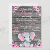Girl Elephant Baby shower Invitation, rustisch, ro Kaart (Voorkant)