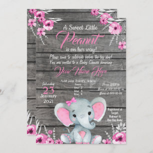 Girl Elephant Baby shower Invitation, rustisch, ro Kaart