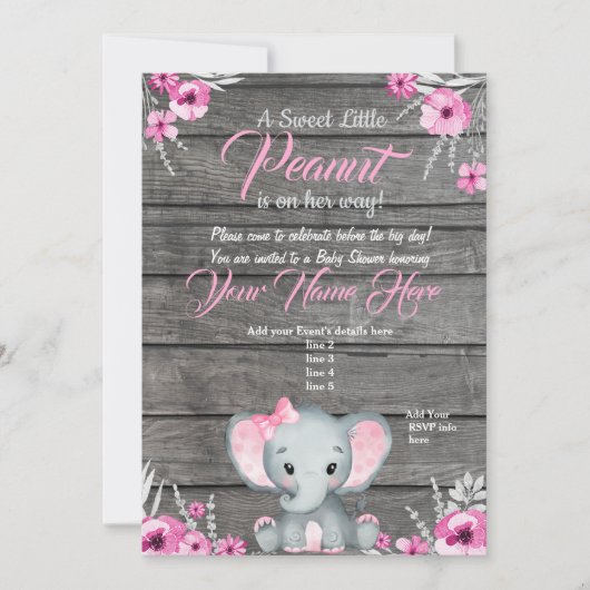 Girl Elephant Baby shower Invitation, rustisch, ro Kaart (Voorkant)
