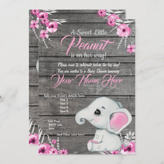 Girl Elephant Baby shower Invitation, rustisch, ro Kaart (Voorkant / Achterkant)