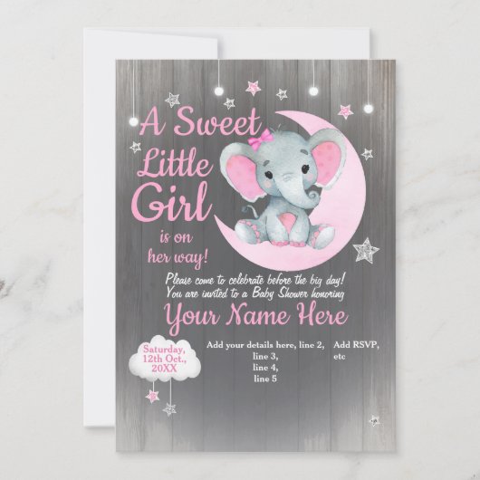 Girl Elephant Baby shower Invitation Stars Moon Kaart (Voorkant)