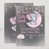 Girl Elephant Baby shower Invitation Stars Moon Kaart (Voorkant / Achterkant)