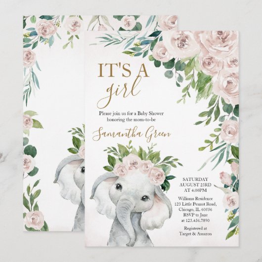 Girl Elephant Baby Shower Kaart (Voorkant / Achterkant)