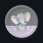 Girl Elephant Baby shower Paars en grijs Papieren Bordje<br><div class="desc">Meisje Olifant Baby shower Paarse en Grijs Papier Bord</div>