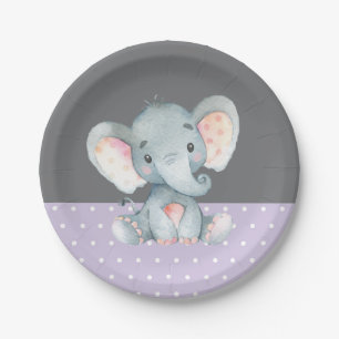 Girl Elephant Baby shower Paars en grijs Papieren Bordje