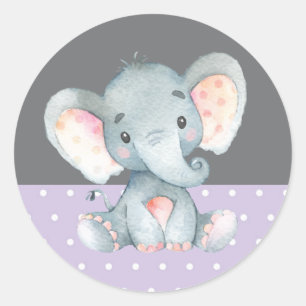 Girl Elephant Baby shower Paars en grijs Ronde Sticker