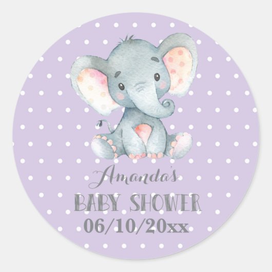 Girl Elephant Baby shower Paars en grijs Ronde Sticker (Voorkant)