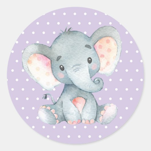 Girl Elephant Baby shower Paars Ronde Sticker (Voorkant)