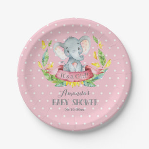 Girl Elephant Baby shower Pink en Grey Papieren Bordje