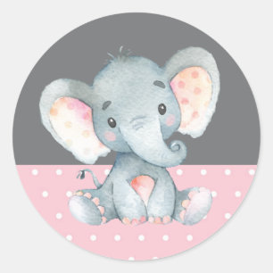 Girl Elephant Baby shower Pink en Grey Ronde Sticker