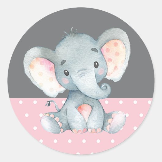 Girl Elephant Baby shower Pink en Grey Ronde Sticker (Voorkant)