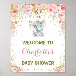 Girl Elephant Baby shower Pink Floral Welcome Sign Poster